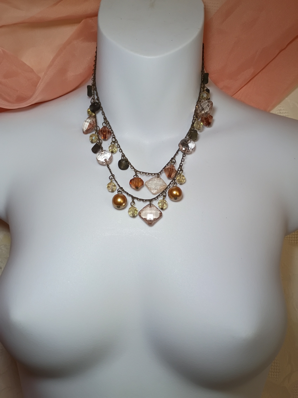 Premier Designs Peach and Gold Multi-Strand Crystal Necklace - Women Jewelry